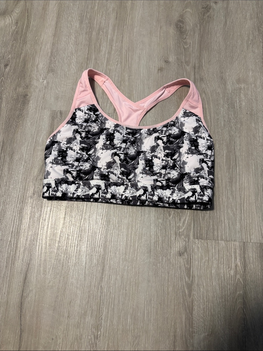 Athletic Works Pink Racerback Swim Sports Bra with Black Marble Print